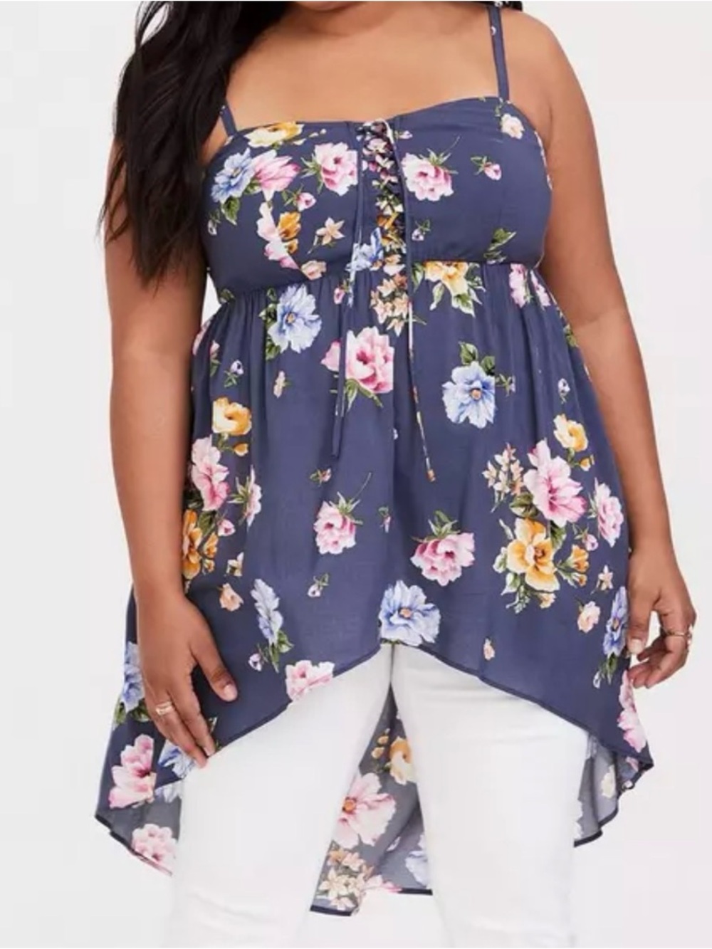 Torrid Babydoll Challis Hi-Low Cami Flower Shower Sleeveless Tunic Top Size 2
